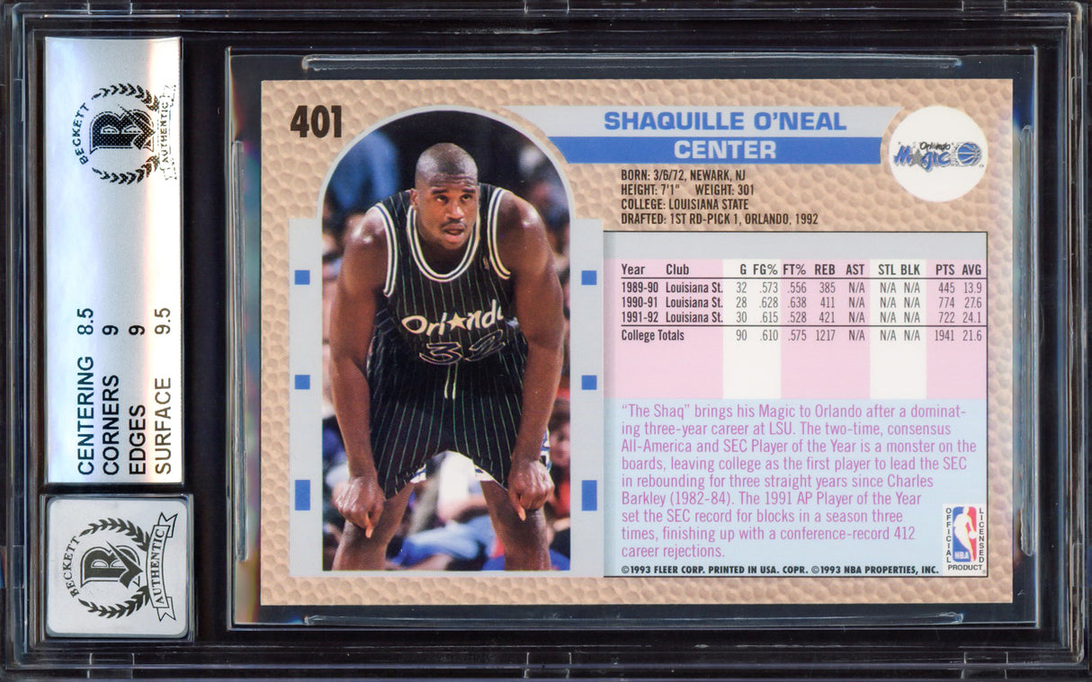 Shaquille "Shaq" O'Neal Autographed 1992 Fleer Rookie Card #401 Orlando Magic BGS 9 Auto Grade Gem Mint 10 Beckett BAS #15464699