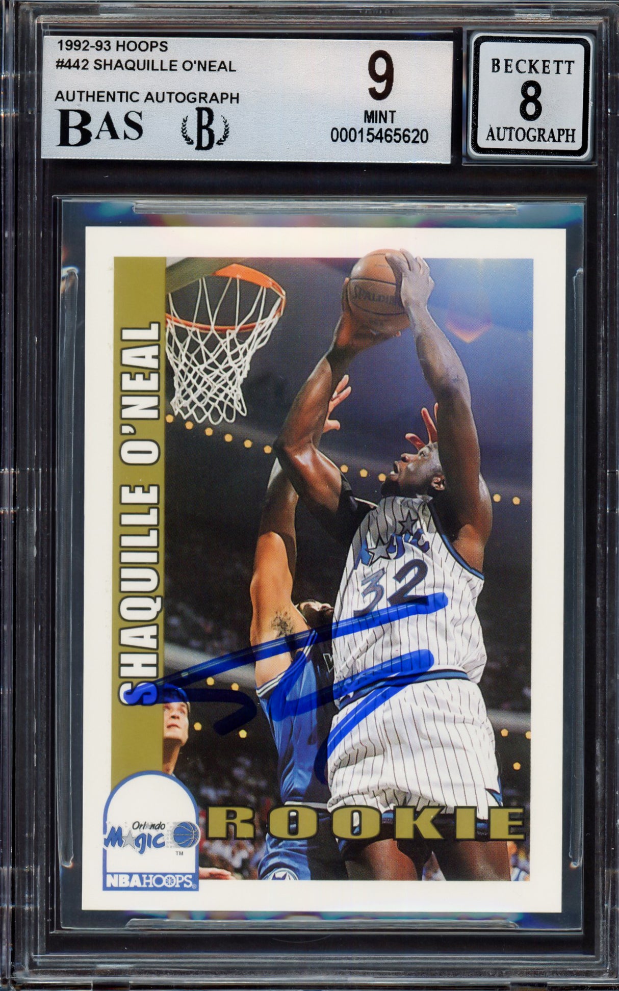 Shaquille "Shaq" O'Neal Autographed 1992 Hoops Rookie Card #442 Orlando Magic BGS 9 Auto Grade Near Mint/Mint 8 Beckett BAS #15465620