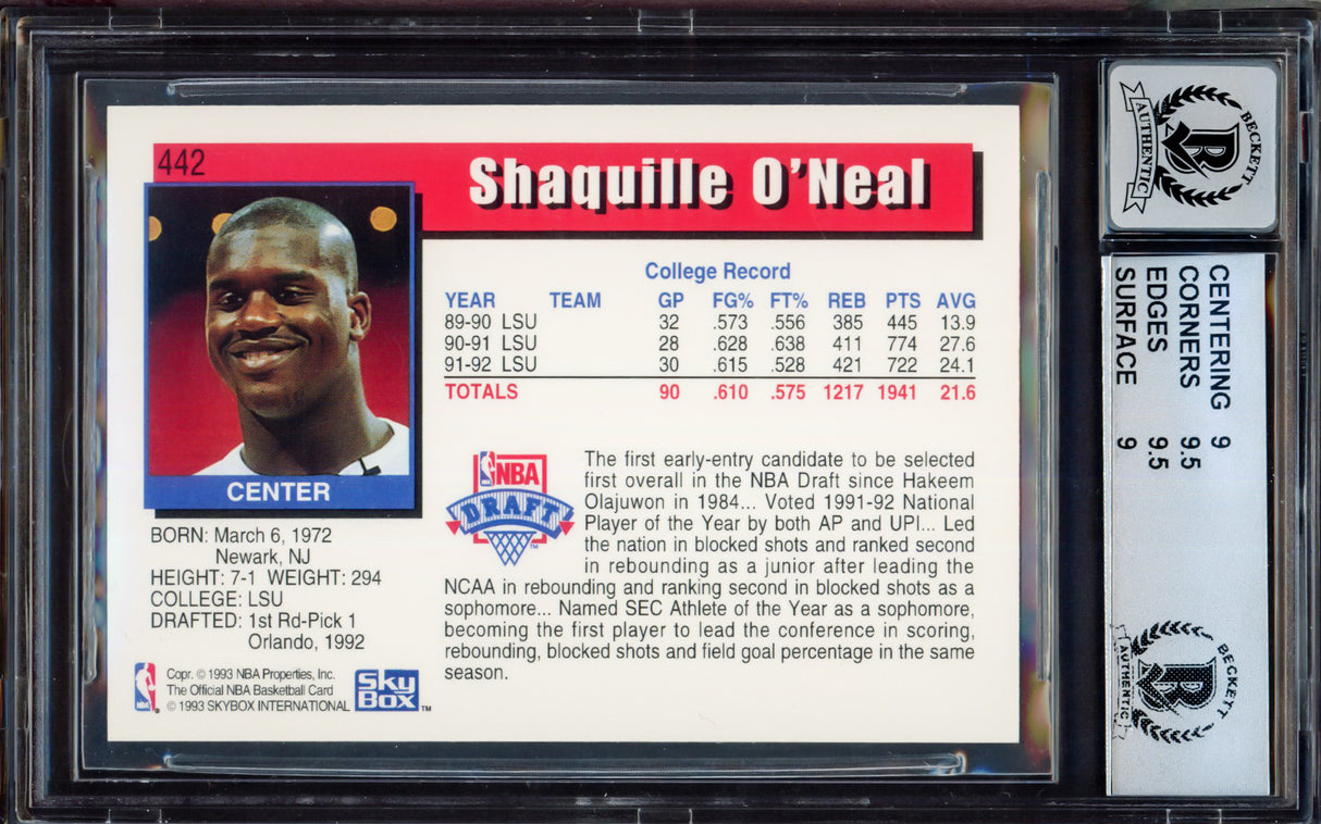 Shaquille "Shaq" O'Neal Autographed 1992 Hoops Rookie Card #442 Orlando Magic BGS 9 Auto Grade Near Mint/Mint 8 Beckett BAS #15465620