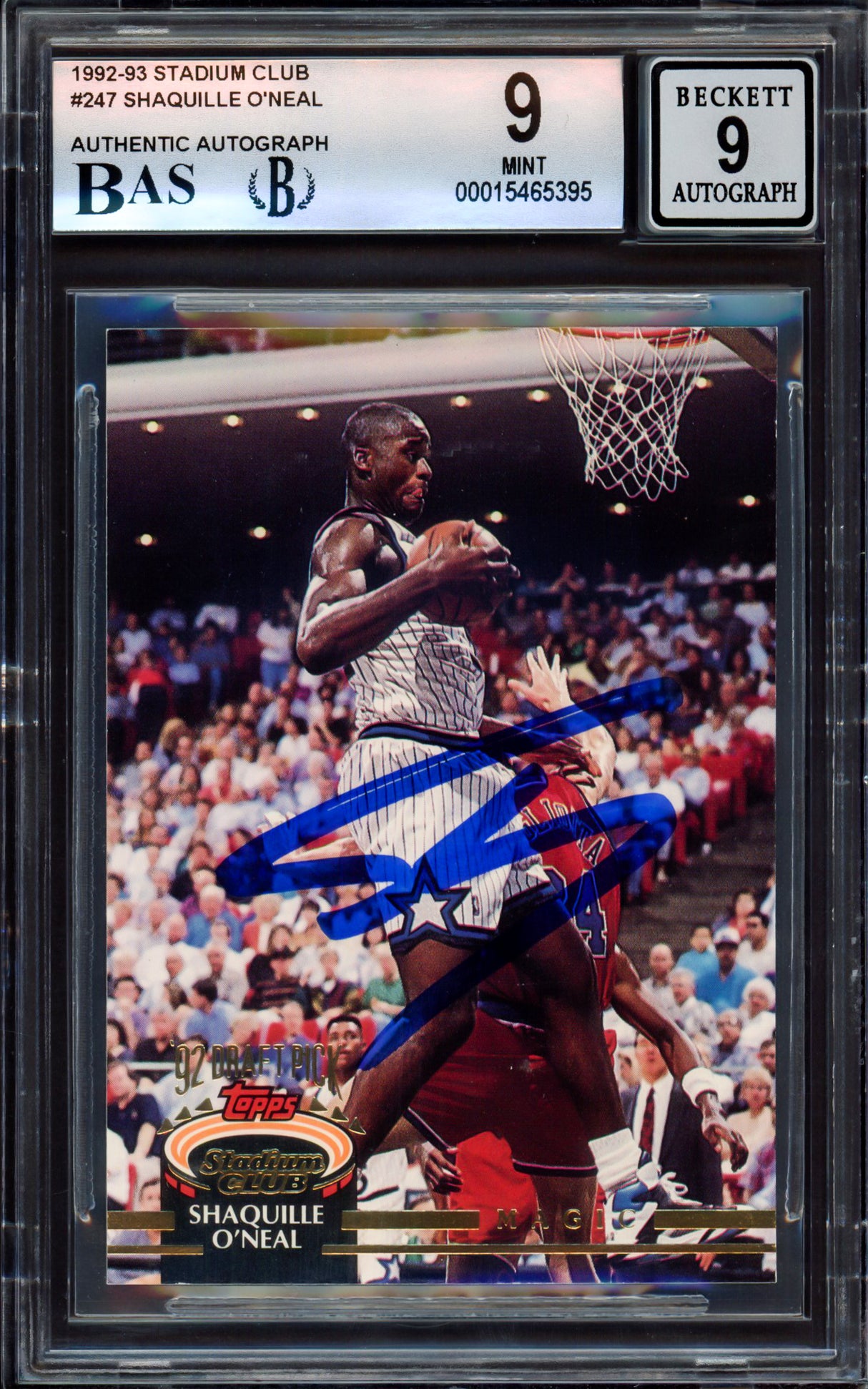Shaquille "Shaq" O'Neal Autographed 1992 Stadium Club Rookie Card #247 Orlando Magic BGS 9 Auto Grade Mint 9 Beckett BAS #15465395