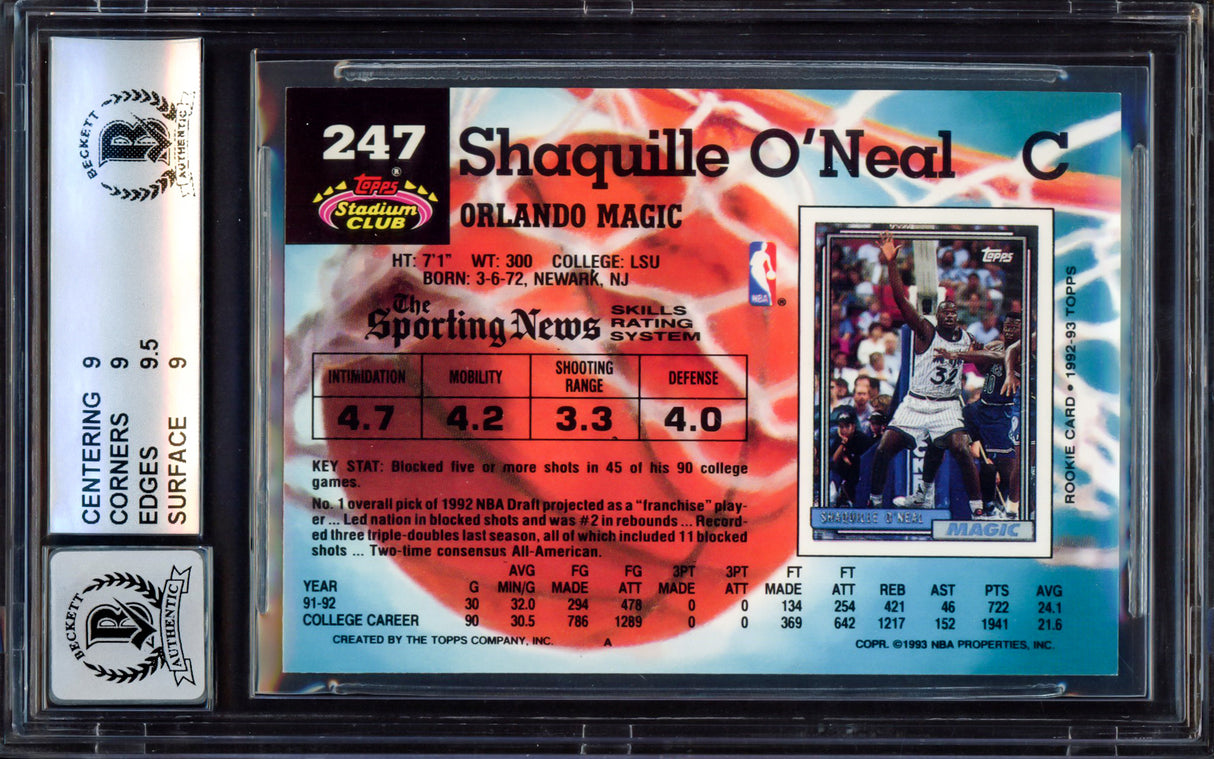 Shaquille "Shaq" O'Neal Autographed 1992 Stadium Club Rookie Card #247 Orlando Magic BGS 9 Auto Grade Mint 9 Beckett BAS #15465395