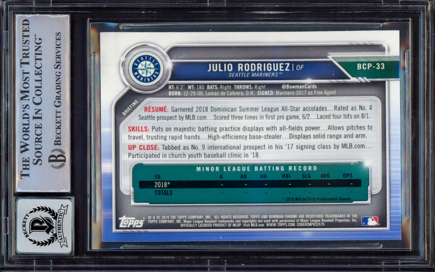 Julio Rodriguez Autographed 2019 Bowman Chrome Prospects Rookie Card #BCP33 Seattle Mariners BGS 8.5 Auto Grade Near Mint/Mint 8 Beckett BAS #15469249