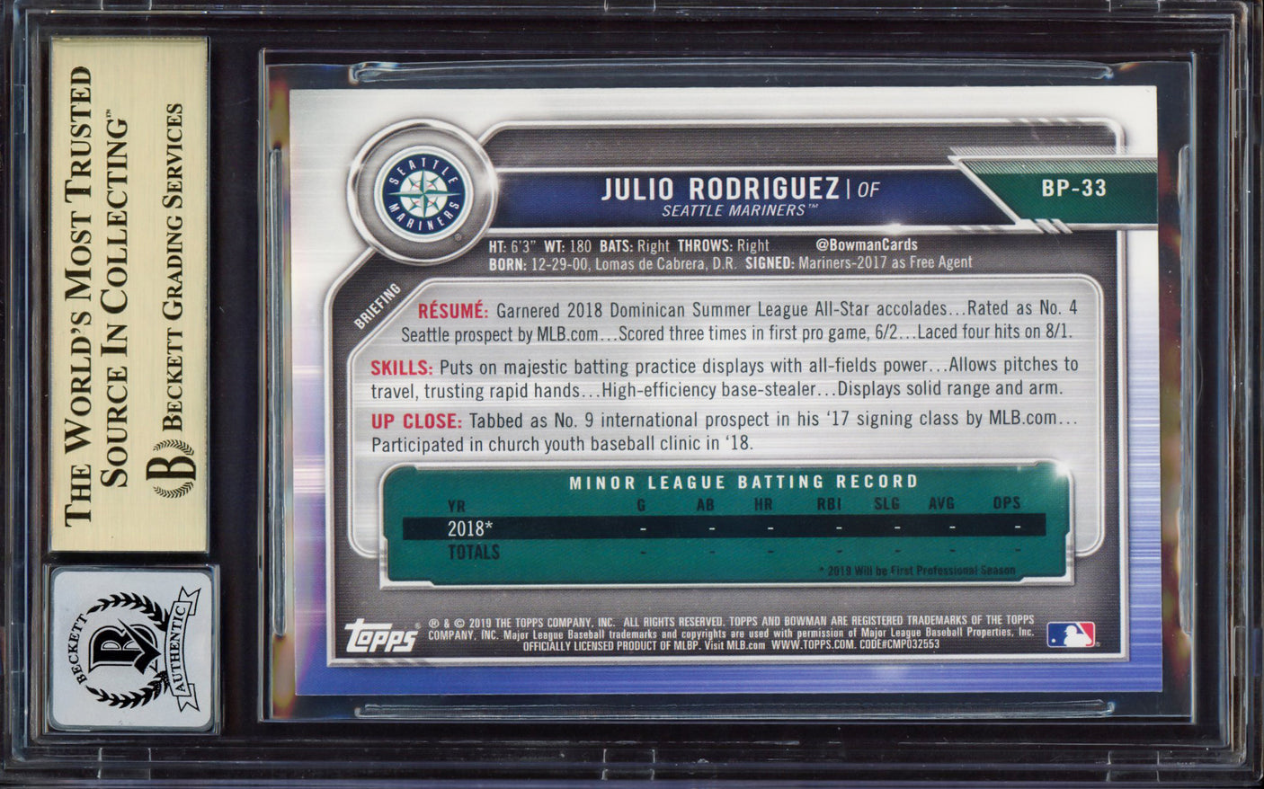 Julio Rodriguez Autographed 2019 Bowman Prospects Rookie Card #BP33 Seattle Mariners BGS 9.5 Auto Grade Mint 9 Beckett BAS #15466118