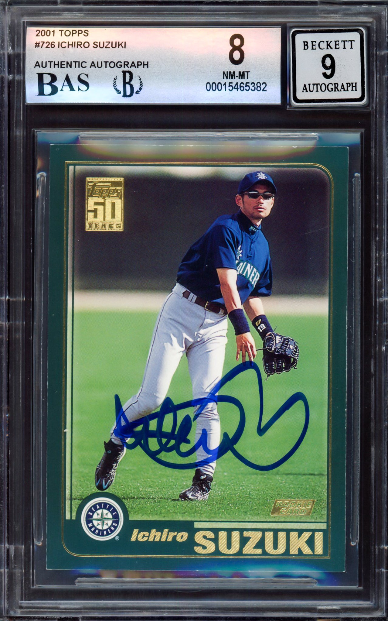 Ichiro Suzuki Autographed 2001 Topps Rookie Card #726 Seattle Mariners BGS 8 Auto Grade Mint 9 Beckett BAS #15465832