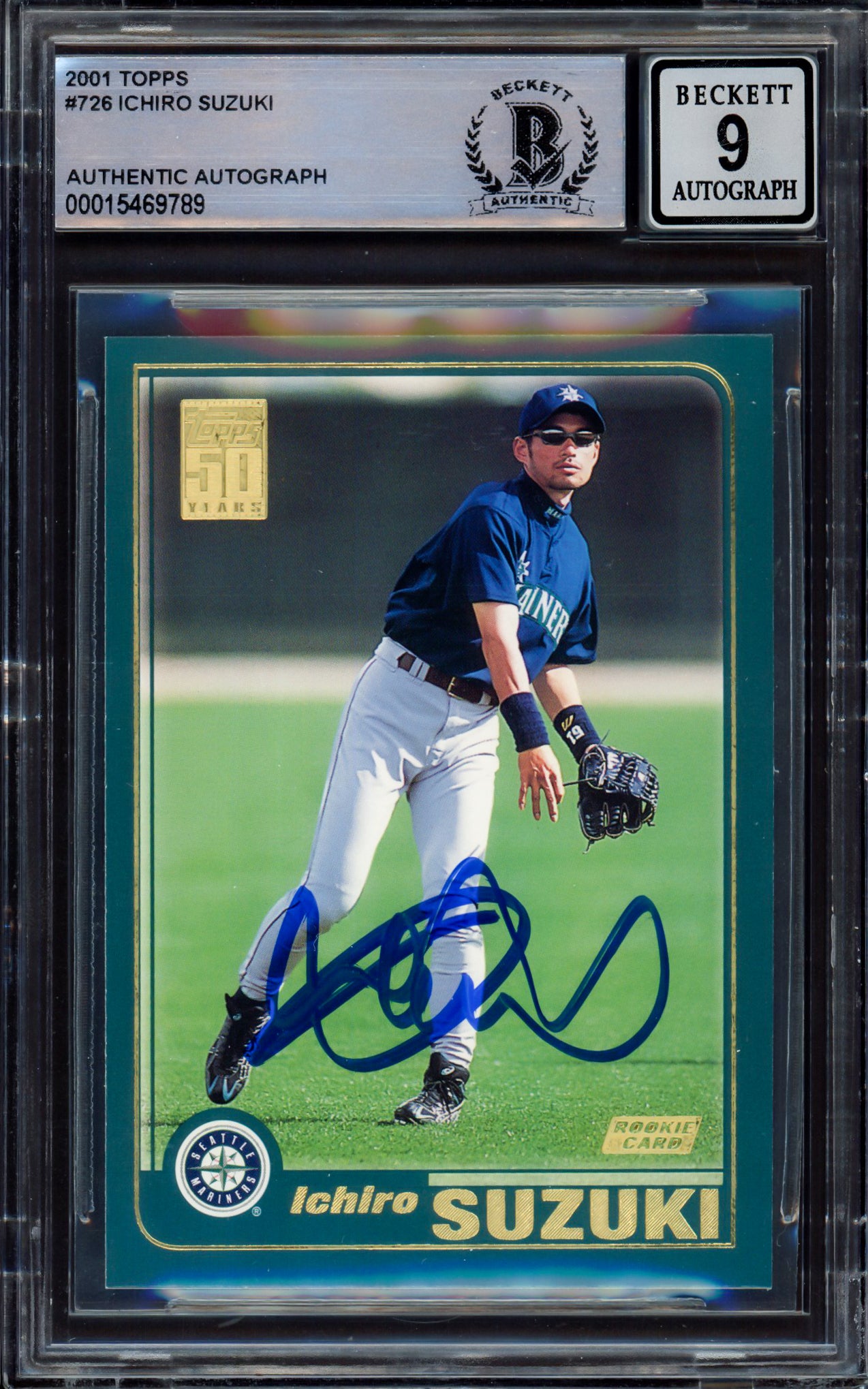 Ichiro Suzuki Autographed 2001 Topps Rookie Card #726 Seattle Mariners Auto Grade Mint 9 Beckett BAS #15469789