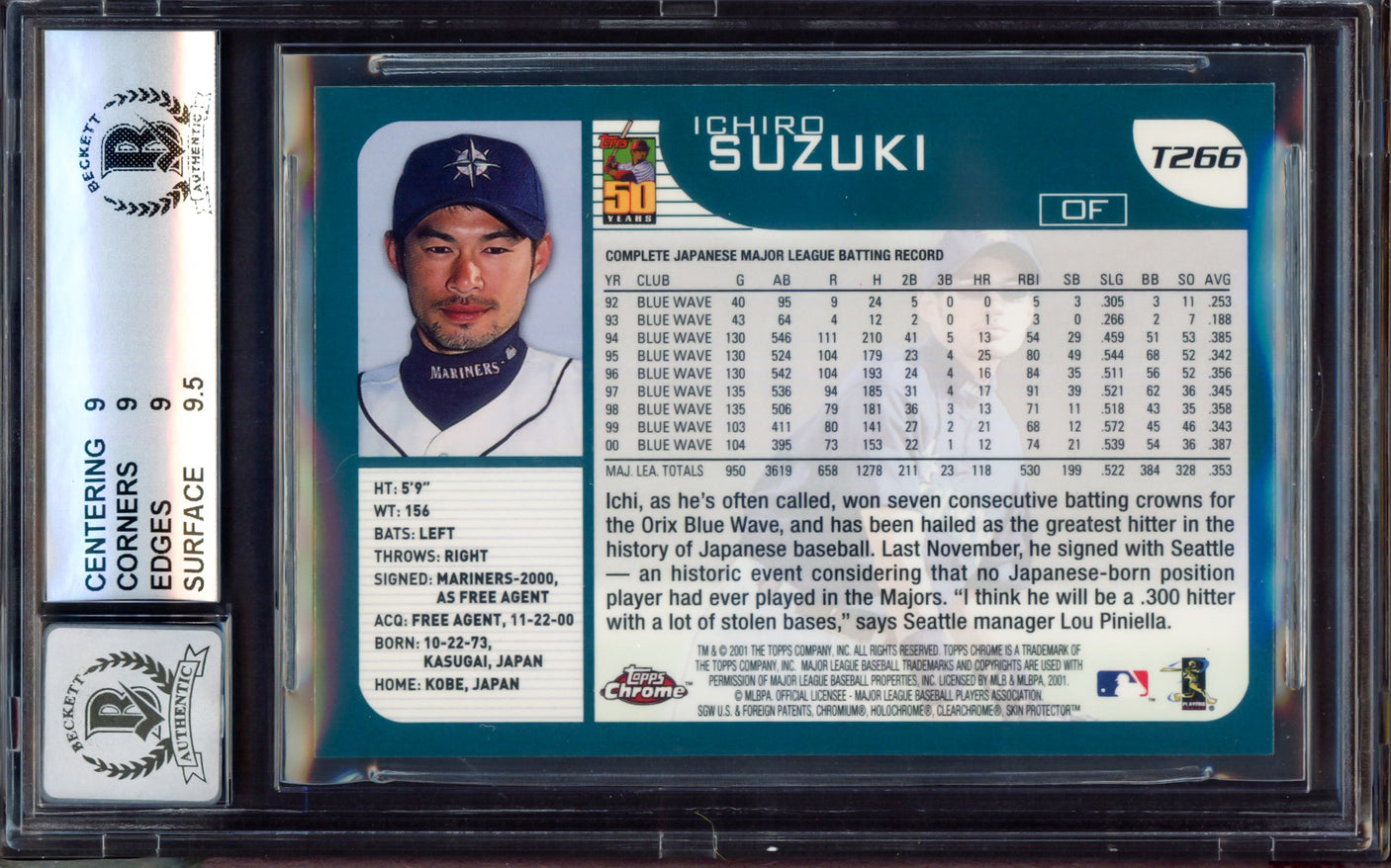 Ichiro Suzuki Autographed 2001 Topps Chrome Traded Rookie Card #T266 Seattle Mariners BGS 9 Auto Grade Gem Mint 10 Beckett BAS #15464720