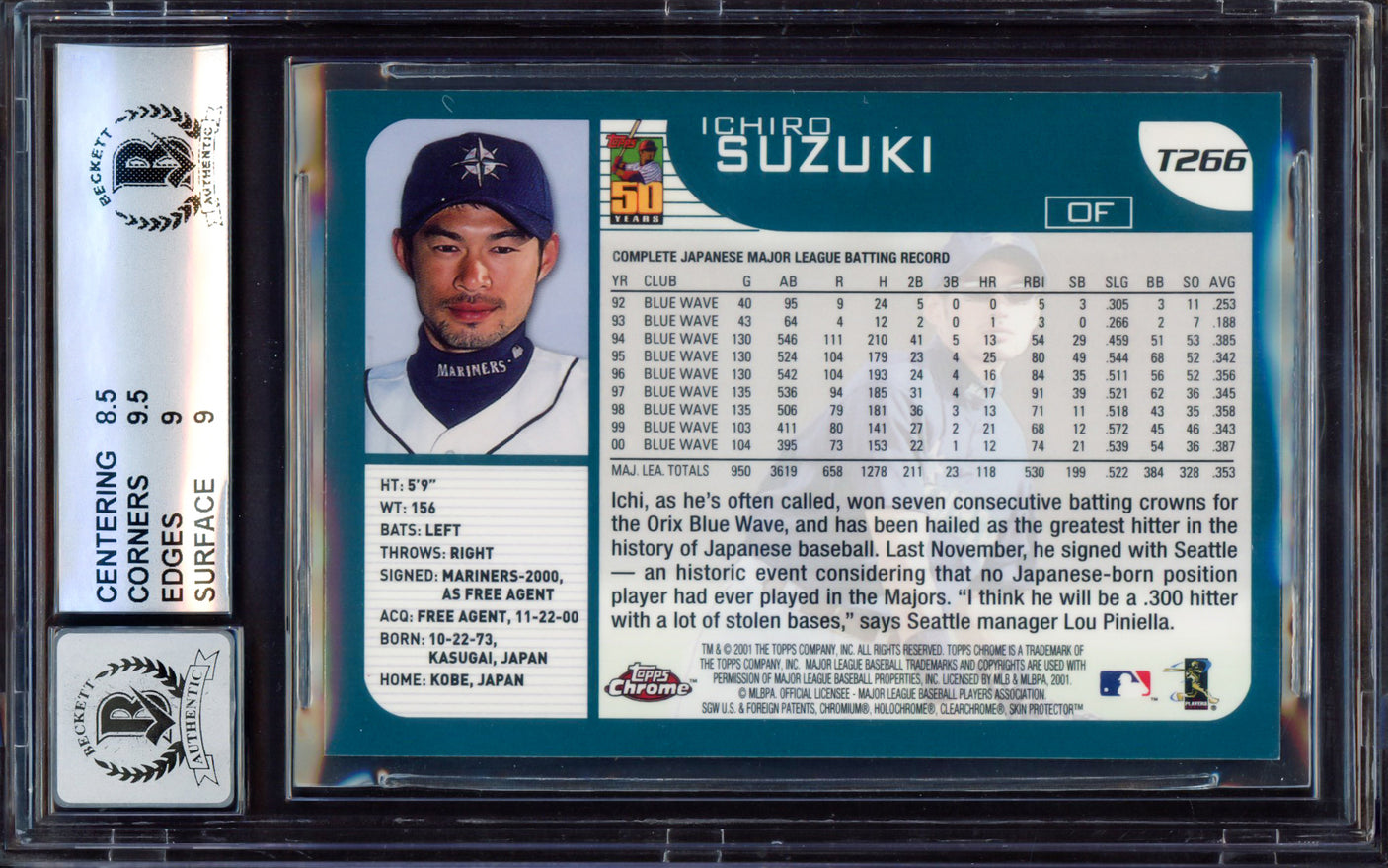 Ichiro Suzuki Autographed 2001 Topps Chrome Traded Rookie Card #T266 Seattle Mariners BGS 9 Auto Grade Gem Mint 10 Beckett BAS #15464718