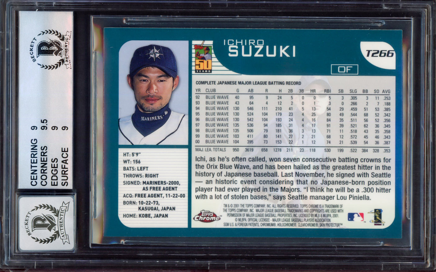 Ichiro Suzuki Autographed 2001 Topps Chrome Traded Rookie Card #T266 Seattle Mariners BGS 9 Auto Grade Gem Mint 10 Beckett BAS #15464716