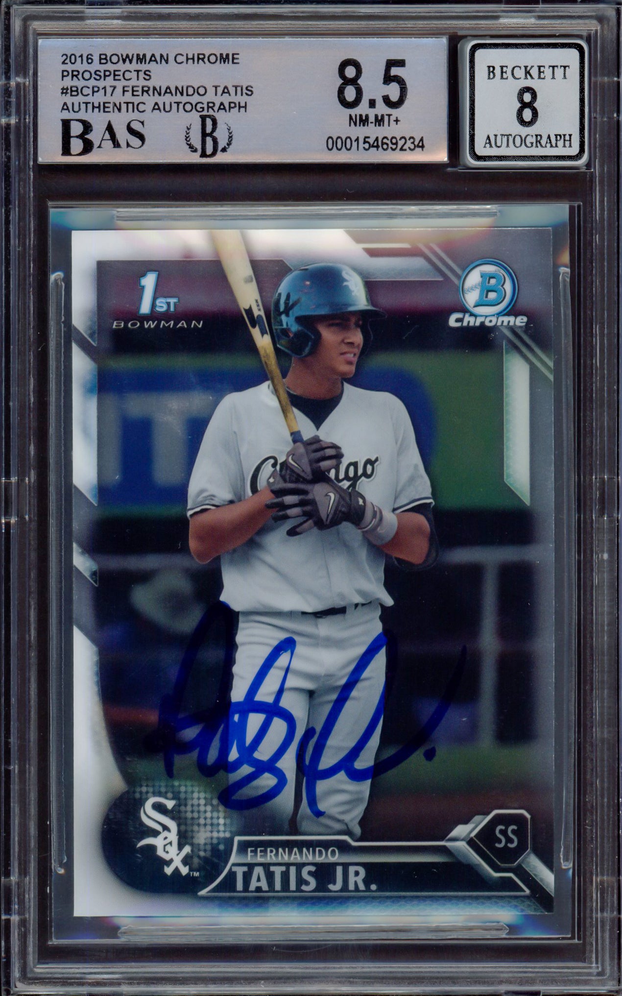 Fernando Tatis Jr. Autographed 2016 Bowman Chrome Prospects Rookie Card #BCP17 San Diego Padres BGS 8.5 Auto Grade Near Mint/Mint 8 Beckett BAS #15469234