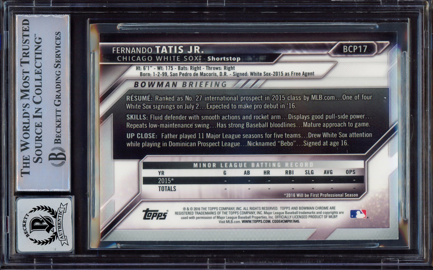 Fernando Tatis Jr. Autographed 2016 Bowman Chrome Prospects Rookie Card #BCP17 San Diego Padres BGS 8.5 Auto Grade Near Mint/Mint 8 Beckett BAS #15469234