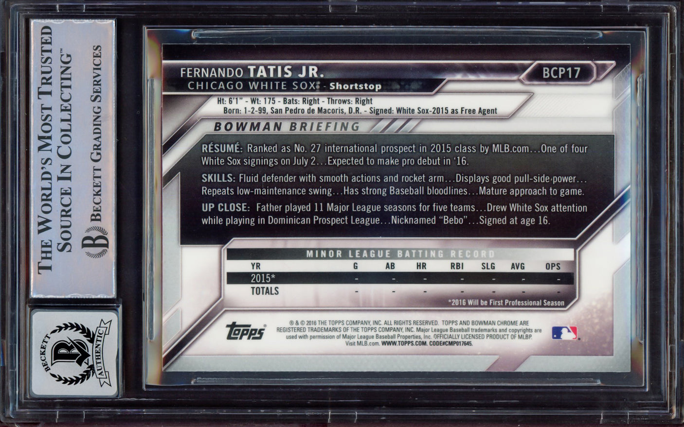 Fernando Tatis Jr. Autographed 2016 Bowman Chrome Prospects Rookie Card #BCP17 San Diego Padres BGS 8.5 Auto Grade Near Mint/Mint 8 Beckett BAS #15469238