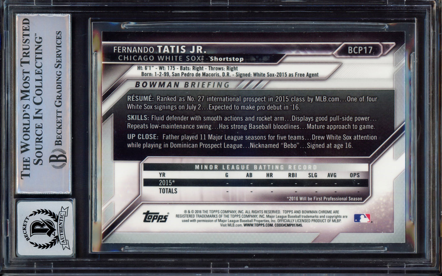 Fernando Tatis Jr. Autographed 2016 Bowman Chrome Prospects Rookie Card #BCP17 San Diego Padres BGS 8.5 Auto Grade Near Mint/Mint 8 Beckett BAS #15469236
