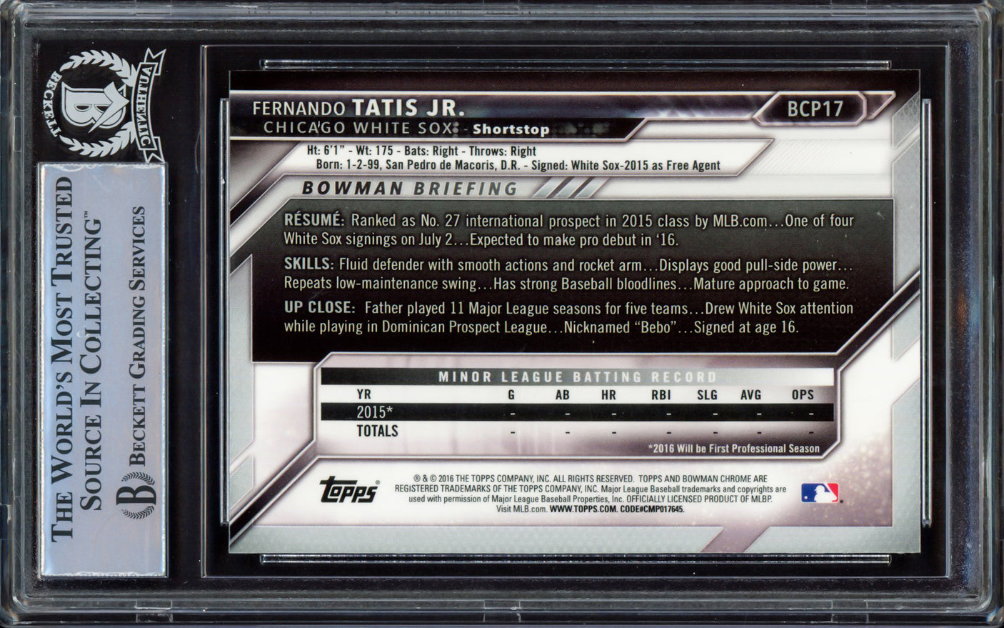 Fernando Tatis Jr. Autographed 2016 Bowman Chrome Prospects Rookie Card #BCP17 San Diego Padres (Bubbling) Beckett BAS #15470105