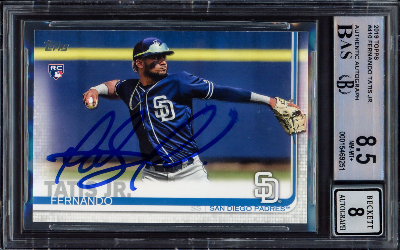 Fernando Tatis Jr. Autographed 2019 Topps Rookie Card #410 San Diego Padres BGS 8.5 Auto Grade Near Mint/Mint 8 (Smudged) Beckett BAS #15469251