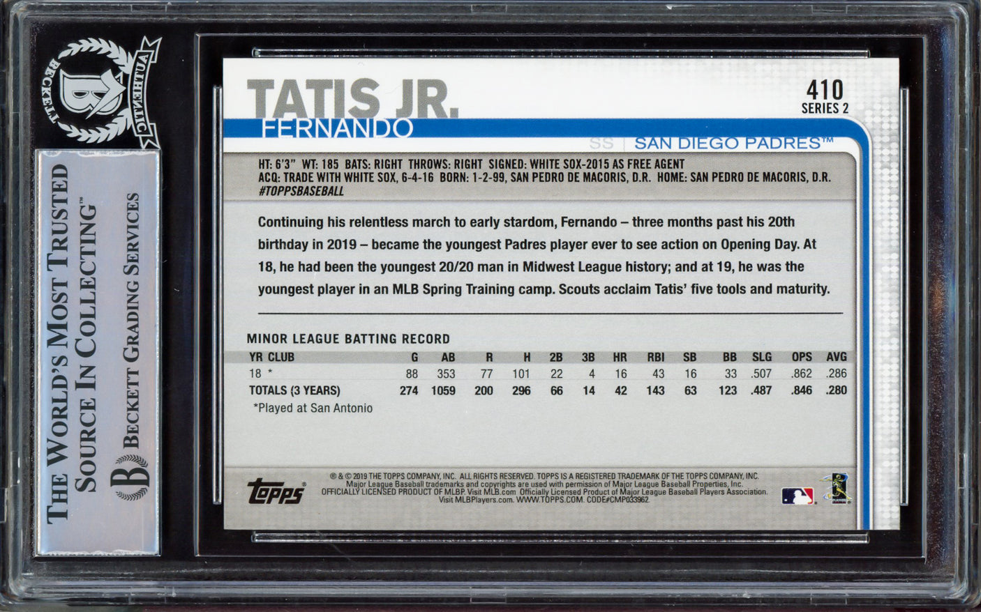 Fernando Tatis Jr. Autographed 2019 Topps Rookie Card #410 San Diego Padres Beckett BAS #15470100