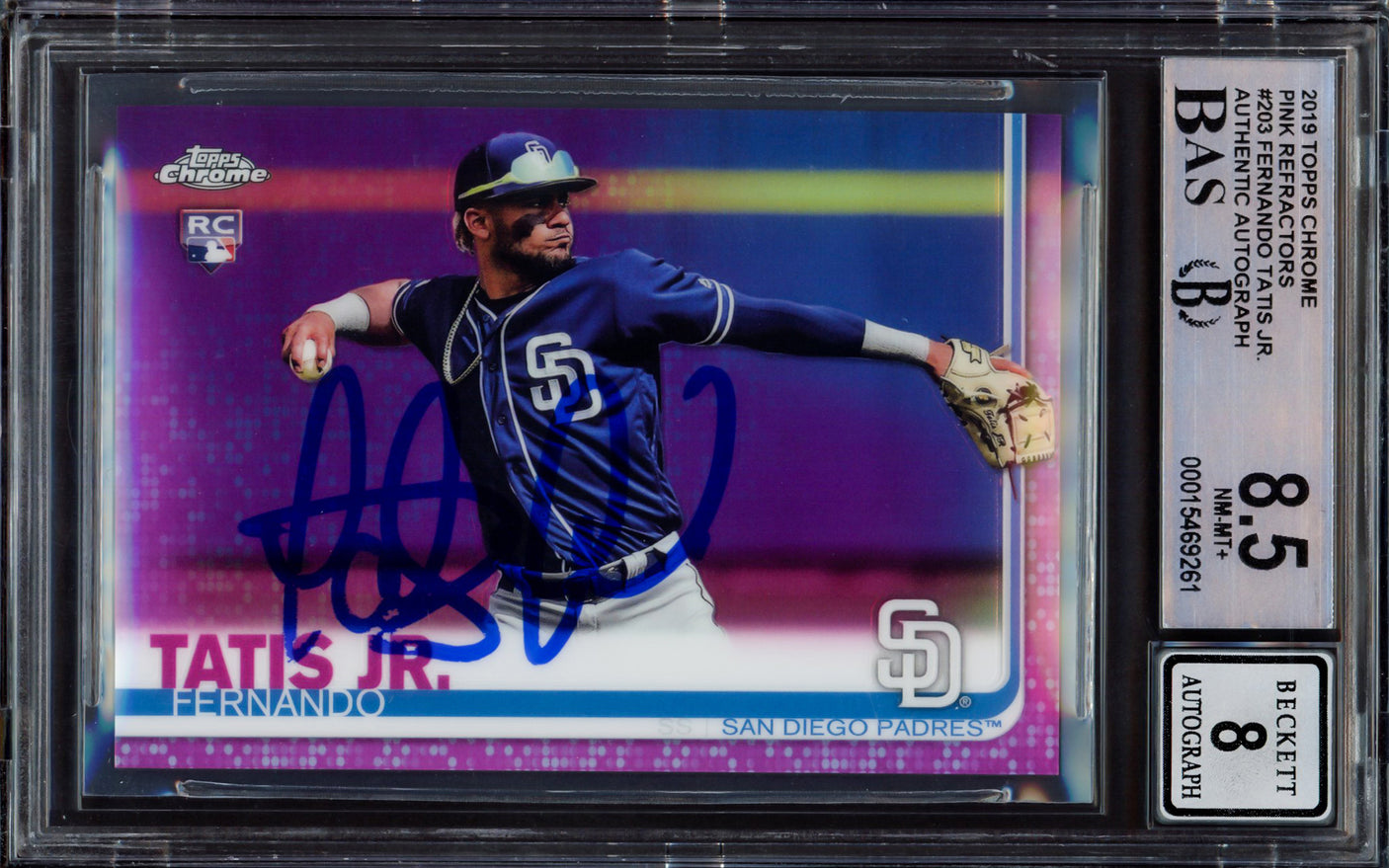 Fernando Tatis Jr. Autographed 2019 Topps Chrome Pink Refractor Rookie Card #203 San Diego Padres BGS 8.5 Auto Grade Near Mint/Mint 8 Beckett BAS #15469261