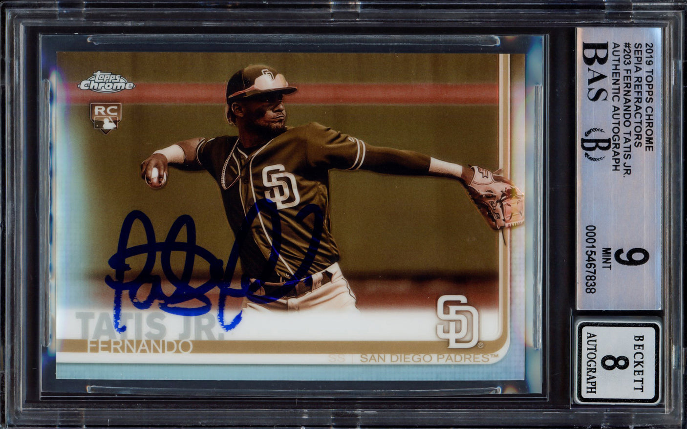 Fernando Tatis Jr. Autographed 2019 Topps Chrome Sepia Refractor Rookie Card #203 San Diego Padres BGS 9 Auto Grade Near Mint/Mint 8 Beckett BAS #15467838