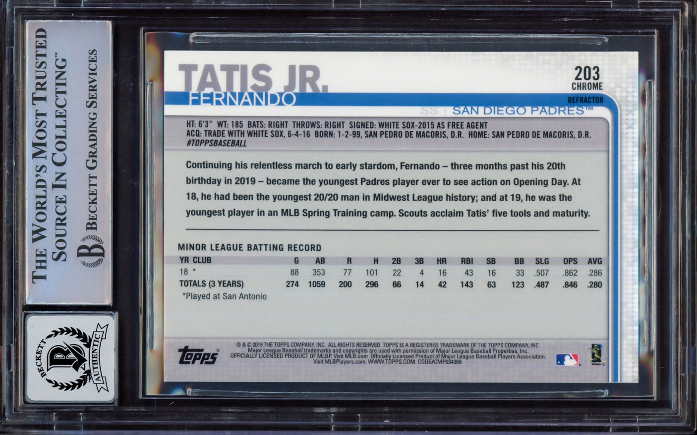 Fernando Tatis Jr. Autographed 2019 Topps Chrome Sepia Refractor Rookie Card #203 San Diego Padres BGS 9 Auto Grade Near Mint/Mint 8 Beckett BAS #15467838
