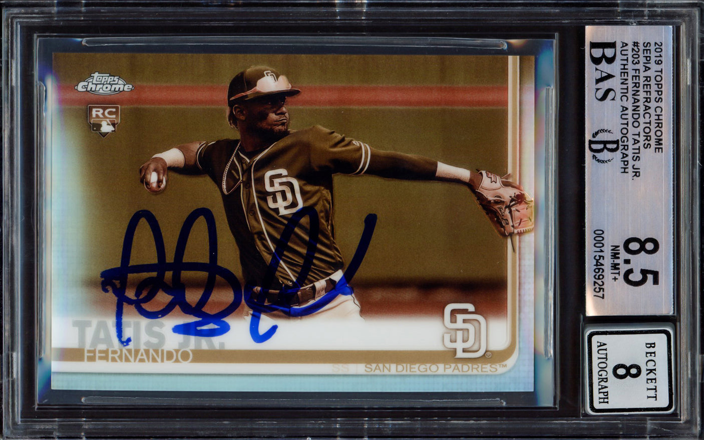 Fernando Tatis Jr. Autographed 2019 Topps Chrome Sepia Refractor Rookie Card #203 San Diego Padres BGS 8.5 Auto Grade Near Mint/Mint 8 Beckett BAS #15469257