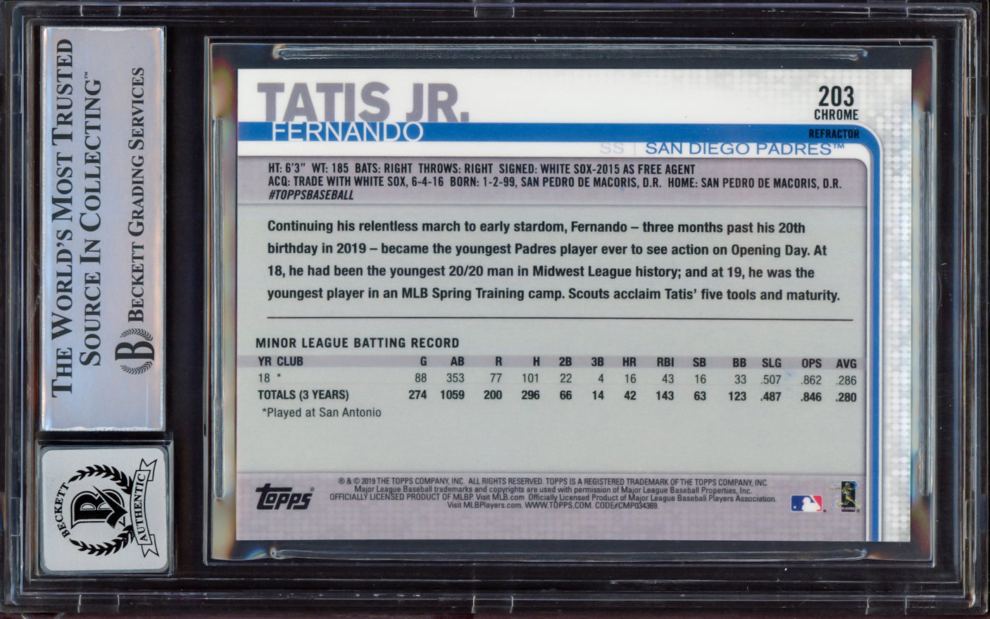 Fernando Tatis Jr. Autographed 2019 Topps Chrome Refractor Rookie Card #203 San Diego Padres BGS 8.5 Auto Grade Near Mint/Mint 8 Beckett BAS #15469262