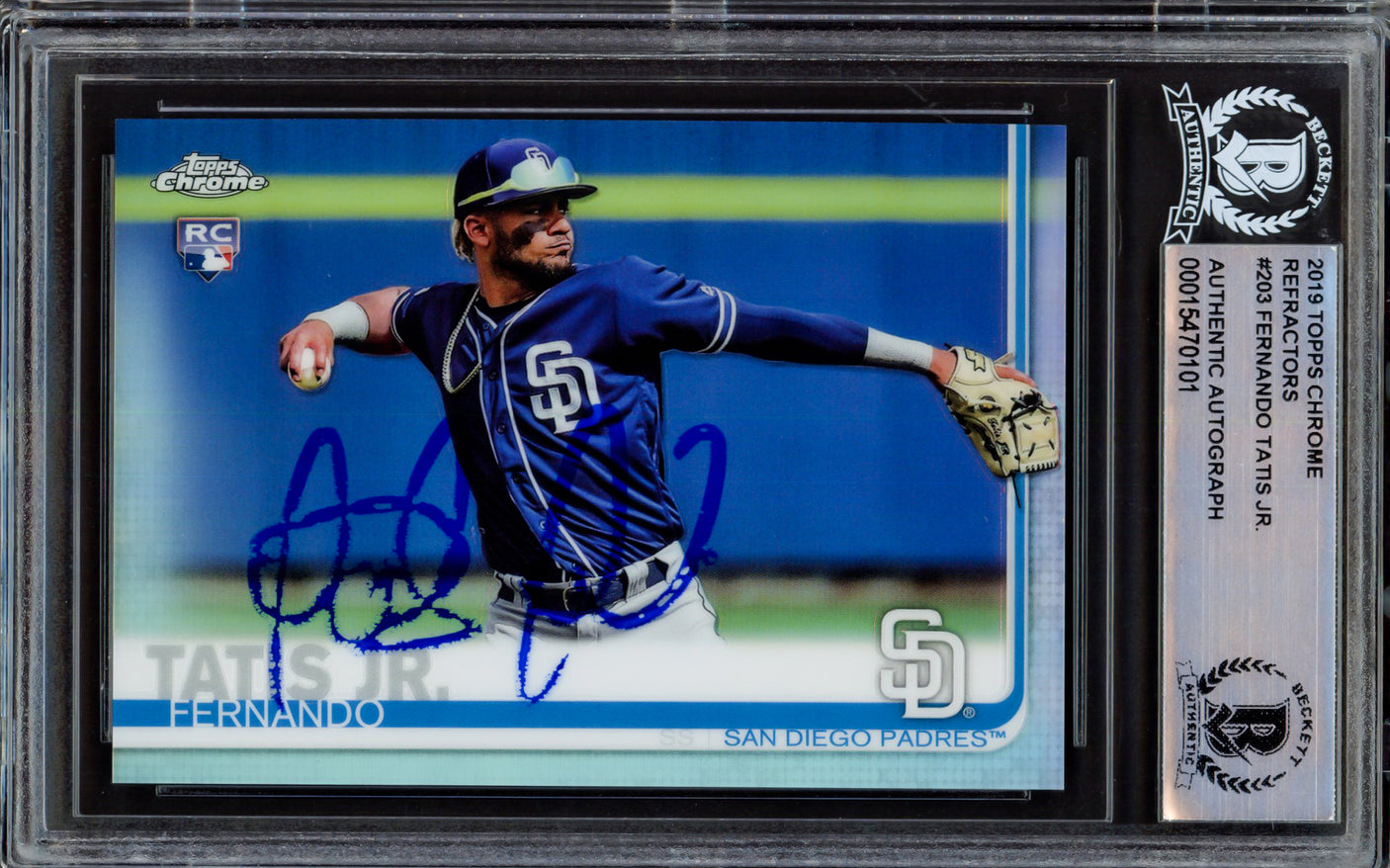 Fernando Tatis Jr. Autographed 2019 Topps Chrome Refractor Rookie Card #203 San Diego Padres (Bubbling) Beckett BAS #15470101