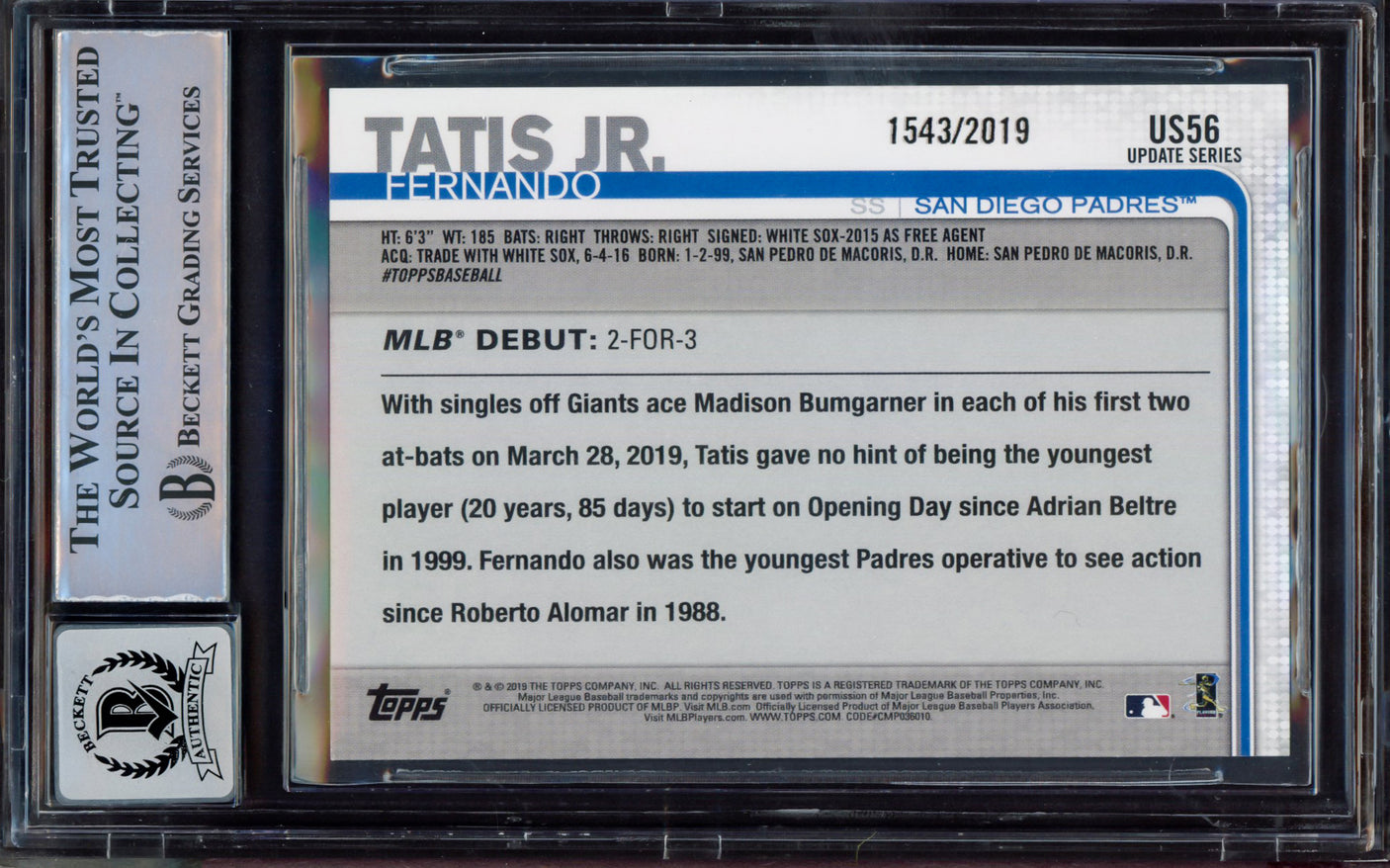 Fernando Tatis Jr. Autographed 2019 Topps Update Gold Rookie Card #US56 San Diego Padres BGS 8.5 Auto Grade Near Mint/Mint 8 Beckett BAS #15469270