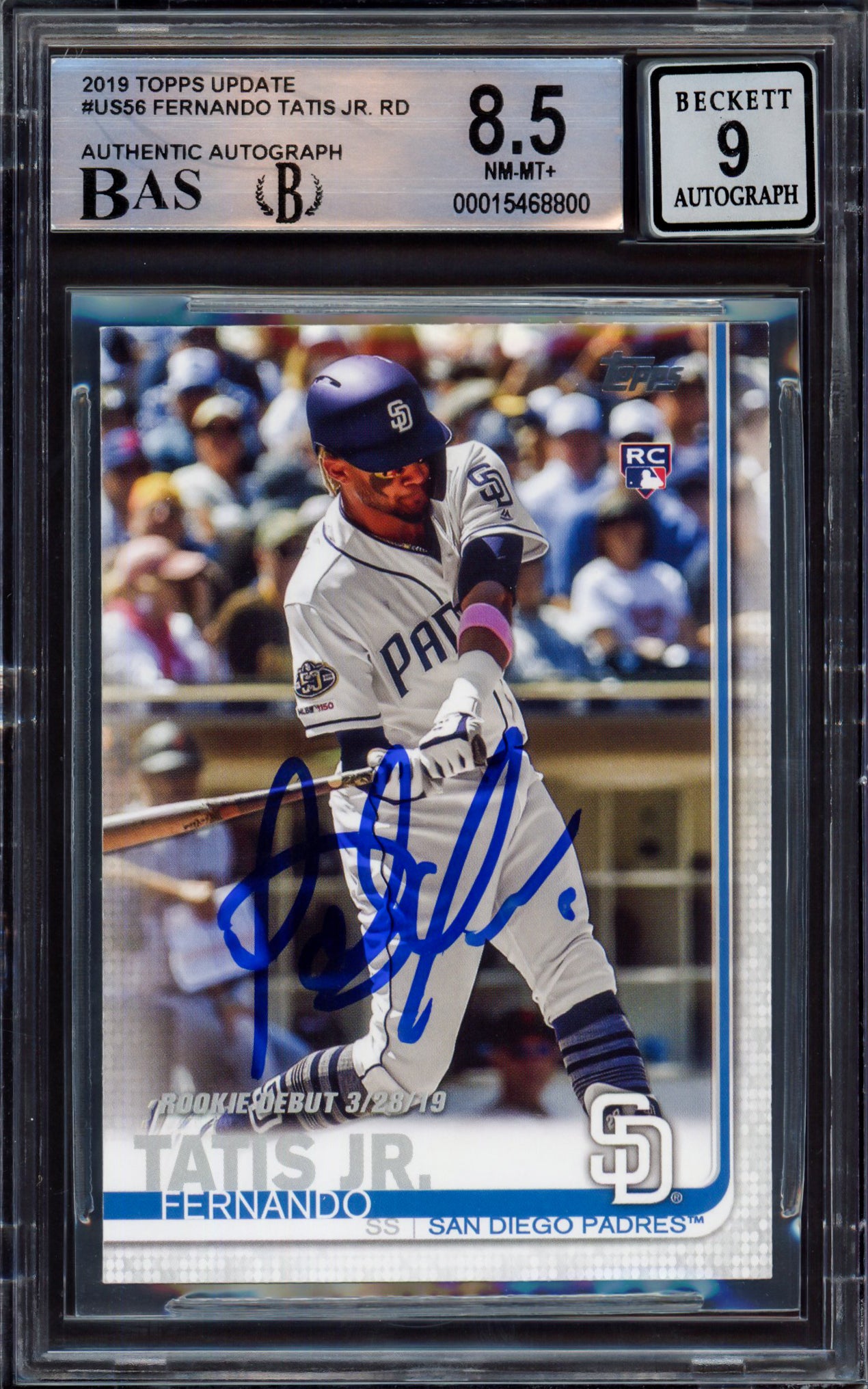 Fernando Tatis Jr. Autographed 2019 Topps Update Rookie Card #US56 San Diego Padres BGS 8.5 Auto Grade Mint 9 Beckett BAS #15468800