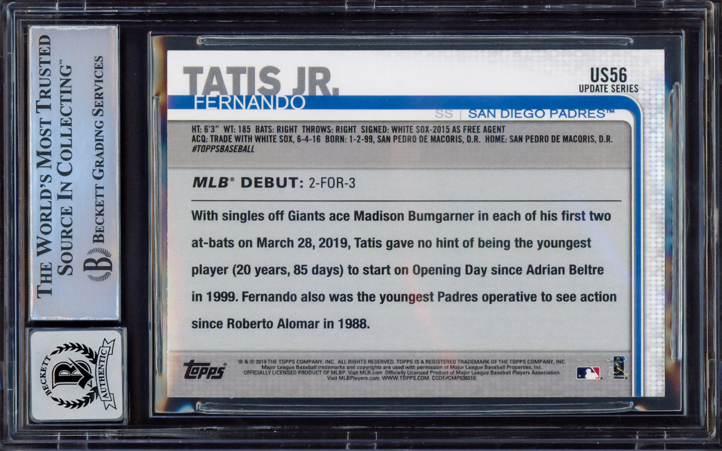 Fernando Tatis Jr. Autographed 2019 Topps Update Rookie Card #US56 San Diego Padres BGS 8.5 Auto Grade Mint 9 Beckett BAS #15468800
