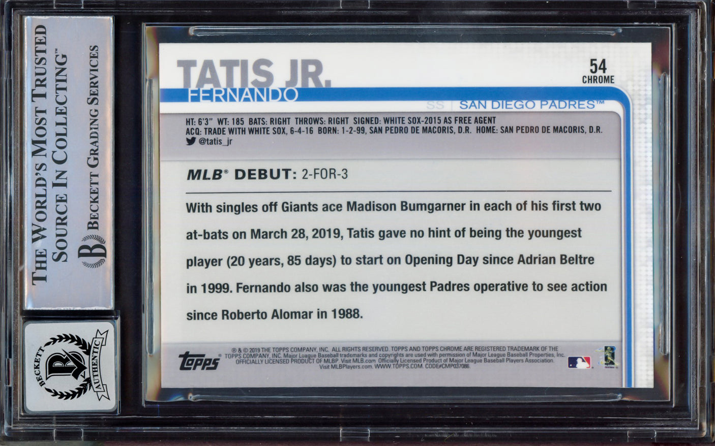 Fernando Tatis Jr. Autographed 2019 Topps Update Rookie Card #US56 San Diego Padres BGS 8.5 Auto Grade Near Mint/Mint 8 Beckett BAS #15469265