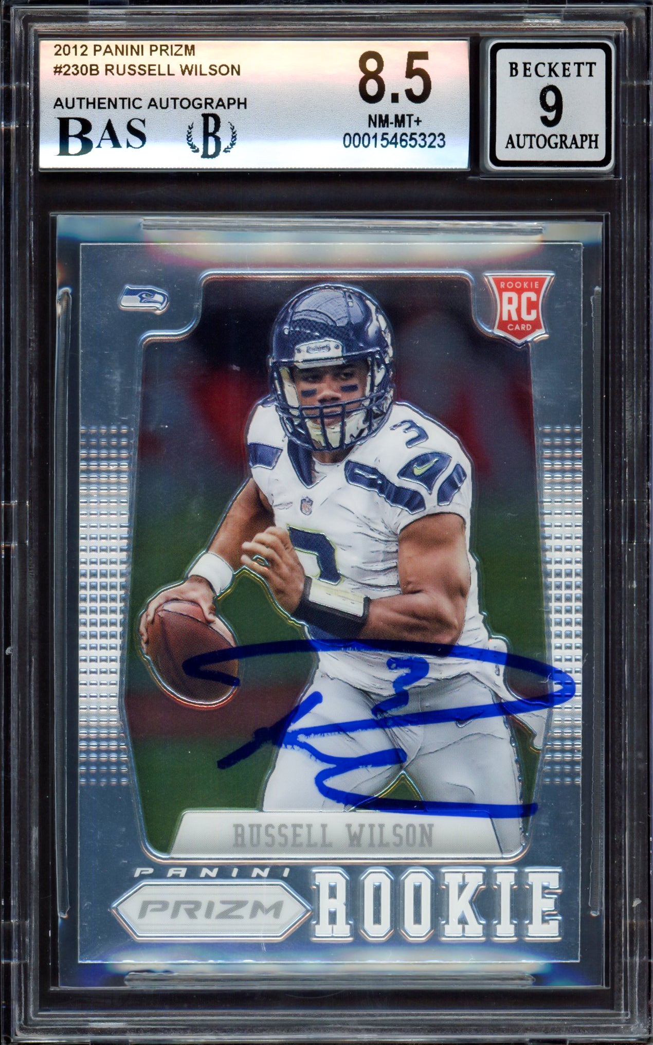 Russell Wilson Autographed 2012 Panini Prizm Rookie Card #230B Seattle Seahawks BGS 8.5 Auto Grade Mint 9 Beckett BAS #15465323