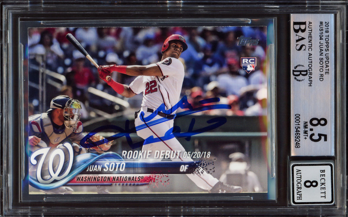 Juan Soto Autographed 2018 Topps Update Rookie Card #US104 New York Yankees BGS 8.5 Auto Grade Near Mint/Mint 8 Beckett BAS Stock #213278