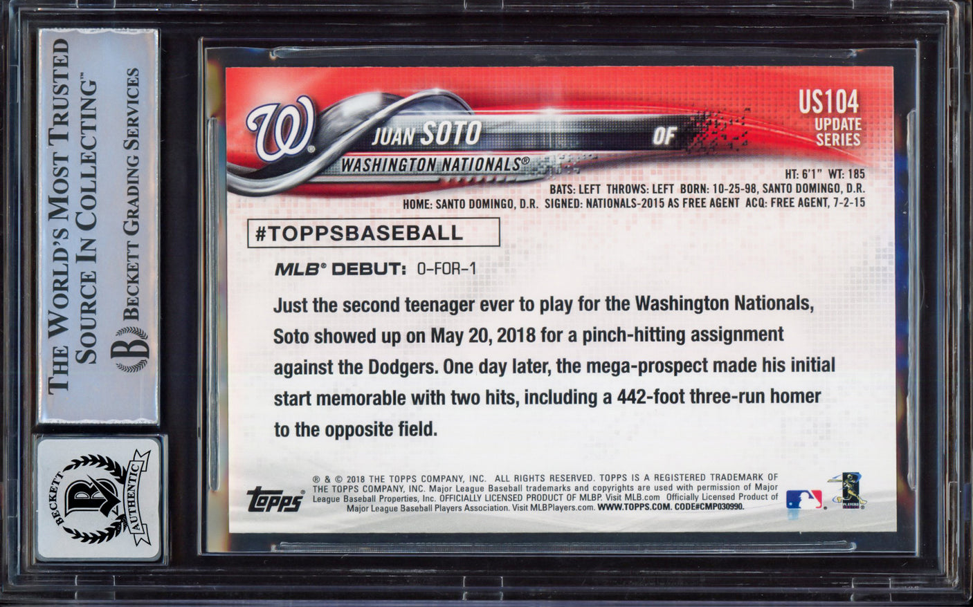 Juan Soto Autographed 2018 Topps Update Rookie Card #US104 New York Yankees BGS 8.5 Auto Grade Near Mint/Mint 8 Beckett BAS Stock #213278