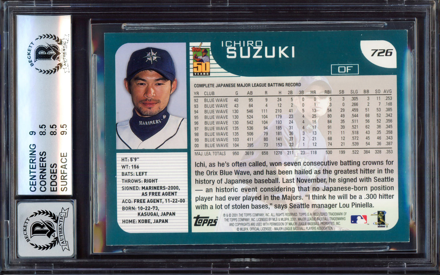 Ichiro Suzuki Autographed 2001 Topps Rookie Card #726 Seattle Mariners BGS 8.5 Auto Grade Mint 9 Beckett BAS Stock #213280