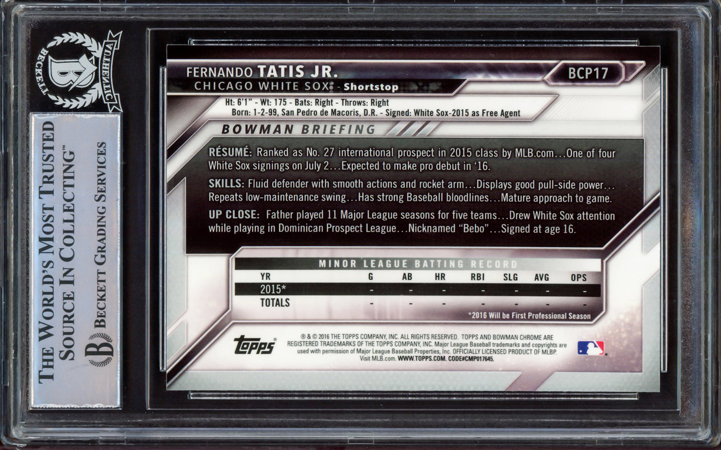 Fernando Tatis Jr. Autographed 2016 Bowman Chrome Prospects Rookie Card #BCP17 San Diego Padres Beckett BAS Stock #213281