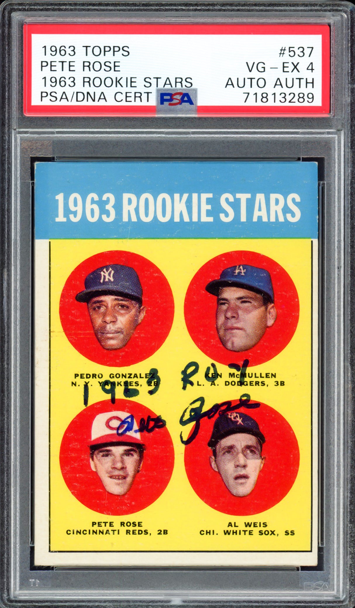 Pete Rose Autographed 1963 Topps Rookie Card #537 Cincinnati Reds PSA 4 "1963 ROY" PSA/DNA #71813289