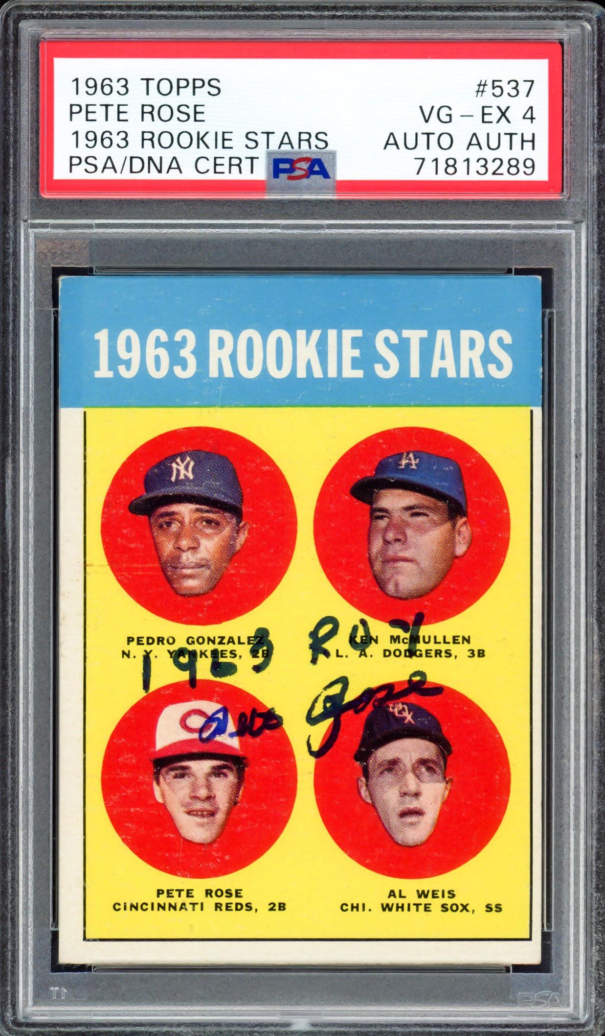 Pete Rose Autographed 1963 Topps Rookie Card #537 Cincinnati Reds PSA 4 "1963 ROY" PSA/DNA #71813289