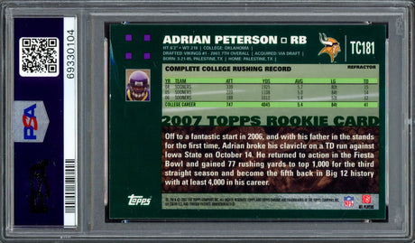 Adrian Peterson Autographed 2007 Topps Chrome Refractor Rookie Card #TC181 Minnesota Vikings Auto Grade Mint 9 PSA/DNA #69330104