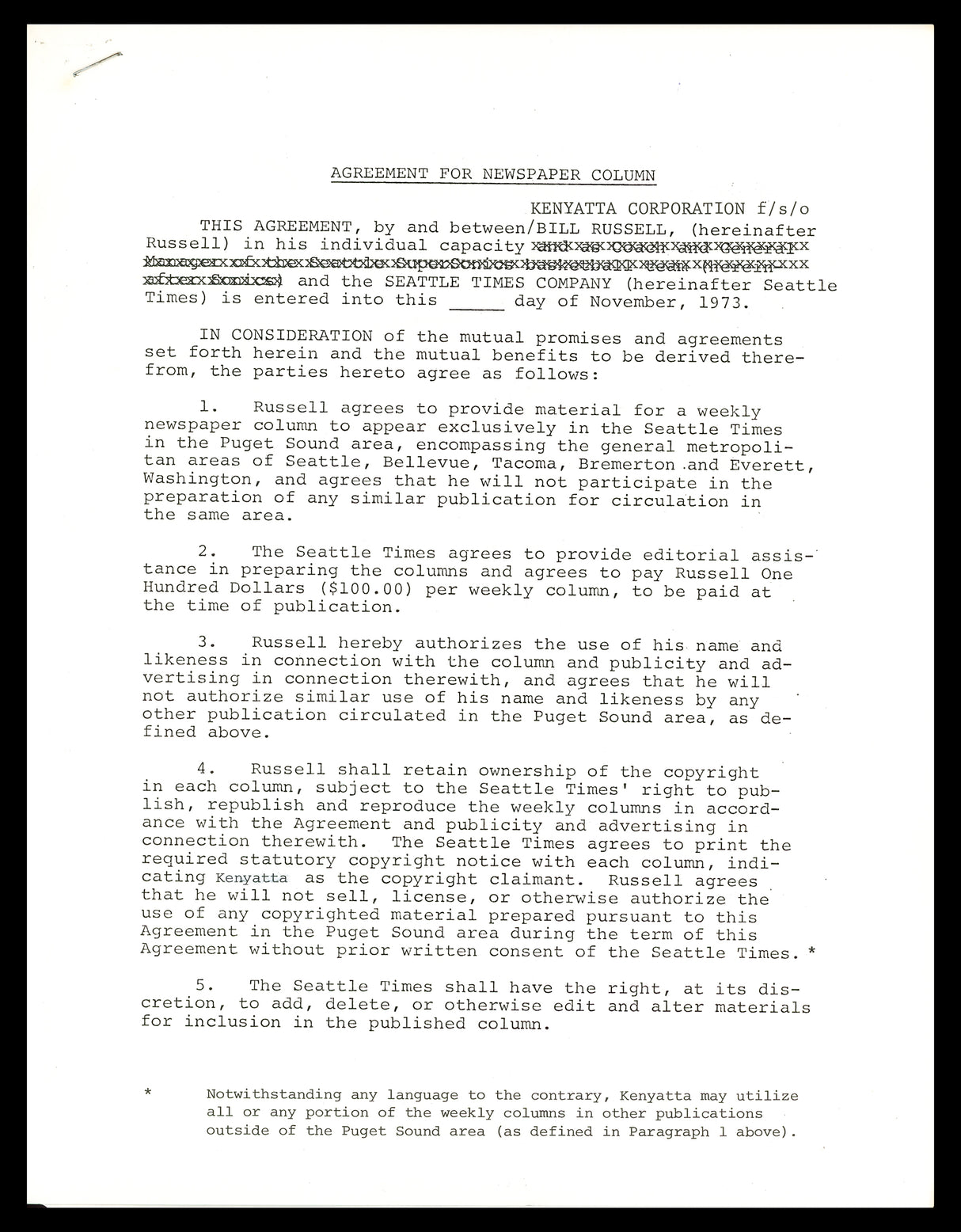 Bill Russell Autographed 1973-74 Newspaper Contract Boston Celtics Beckett BAS #AC74545