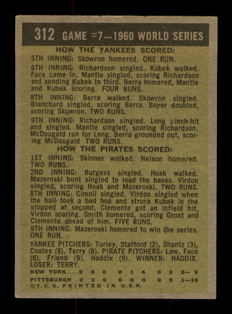 Bill Mazeroski Autographed 1961 Topps Card #312 Pittsburgh Pirates SKU #213600