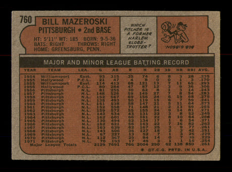 Bill Mazeroski Autographed 1972 Topps Card #760 Pittsburgh Pirates High Number SKU #213601