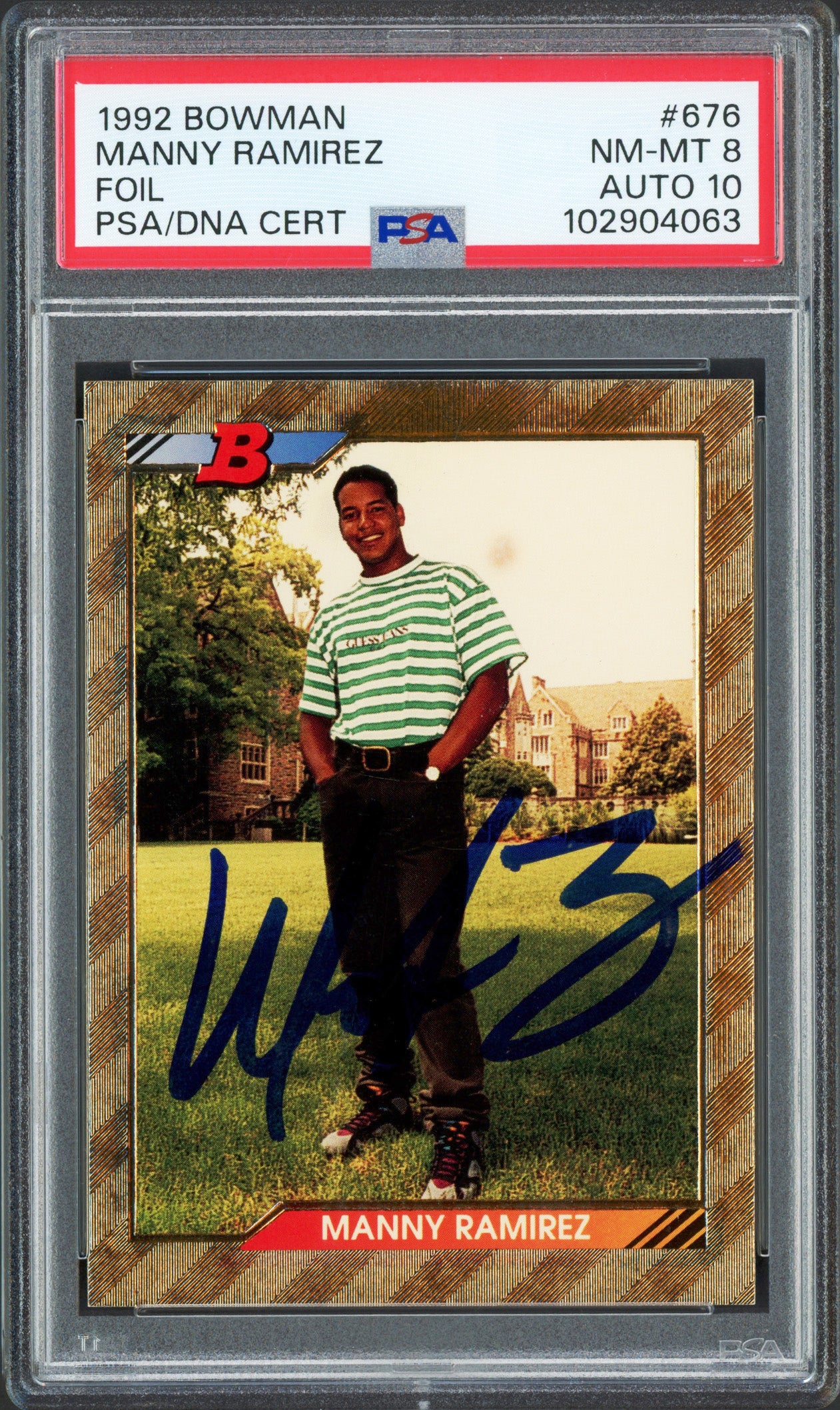 Manny Ramirez Autographed 1992 Bowman Foil Rookie Card #676 Cleveland Indians PSA 8 Auto Grade Gem Mint 10 PSA/DNA Stock #239736
