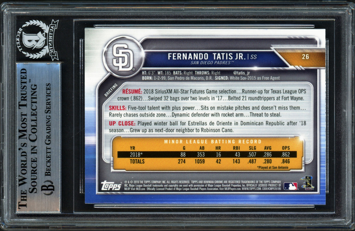 Fernando Tatis Jr. Autographed 2019 Bowman Chrome Rookie Card #26 San Diego Padres (Bubbling) Beckett BAS Stock #239738