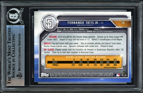 Fernando Tatis Jr. Autographed 2019 Bowman Chrome Rookie Card #26 San Diego Padres (Bubbling) Beckett BAS Stock #239738