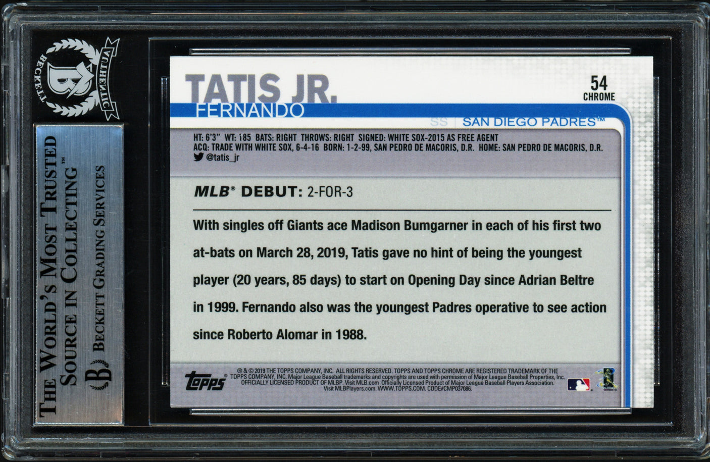 Fernando Tatis Jr. Autographed 2019 Topp Chrome Update Rookie Card #54 San Diego Padres (Bubbling) Beckett BAS Stock #239739