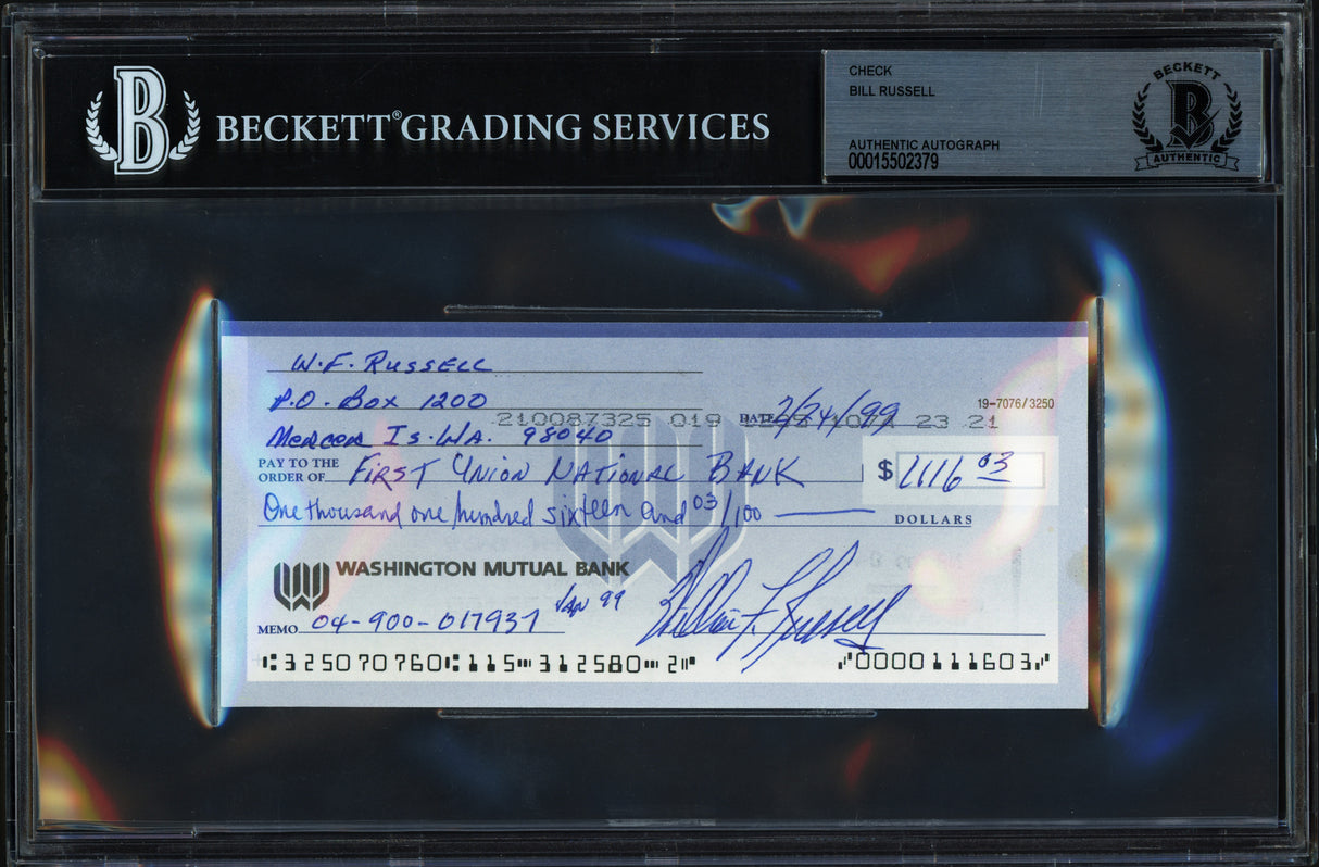 Bill Russell Autographed 3x6 Check Boston Celtics Beckett BAS Stock #239742