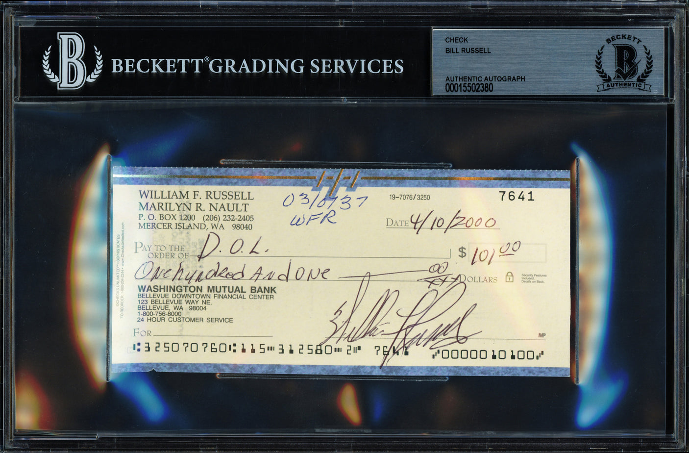 Bill Russell Autographed 3x6 Check Boston Celtics Beckett BAS Stock #239743