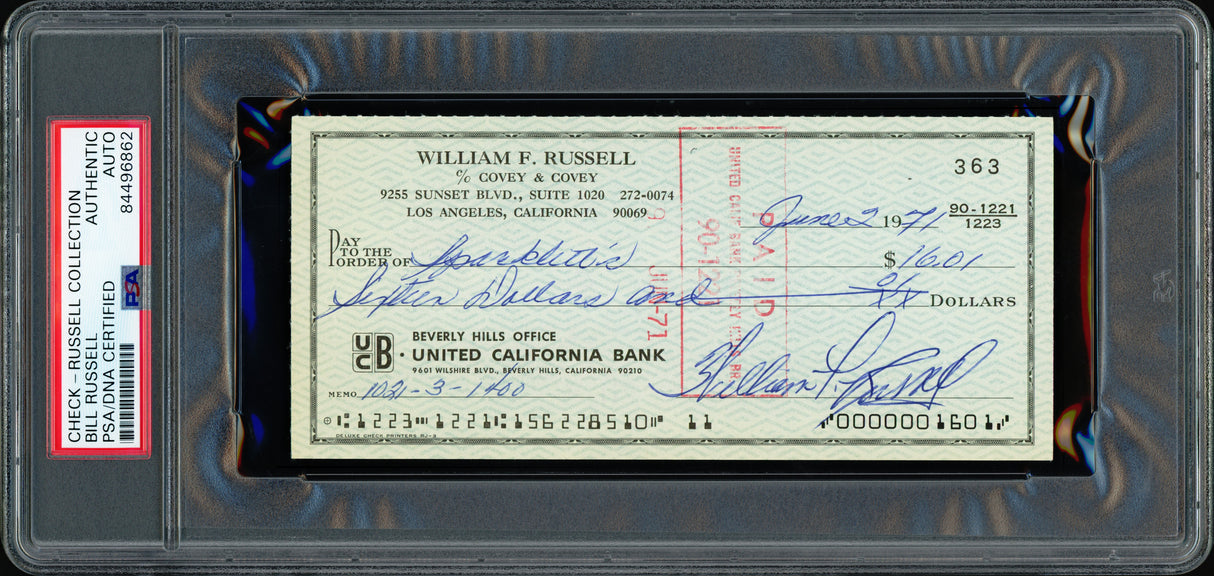 Bill Russell Autographed 3x6 Check Boston Celtics PSA/DNA Stock #239747