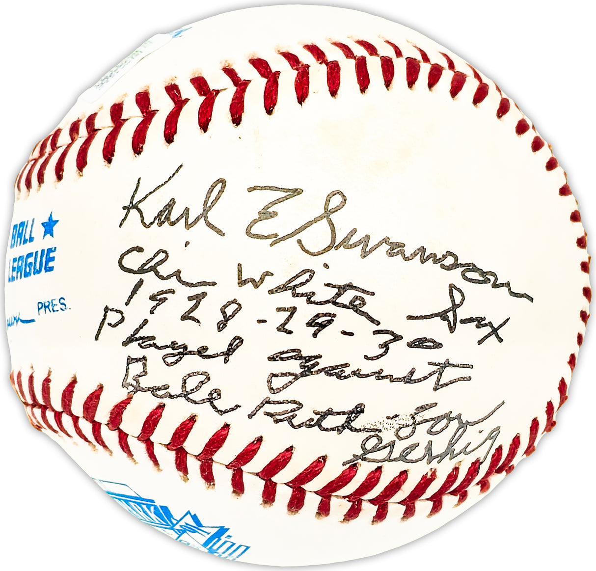 Karl Swanson Autographed Official Comiskey Park AL Baseball Chicago White Sox "1928-29-30 Played against Babe Ruth & Lou Gehrig" Beckett BAS QR #BM25632
