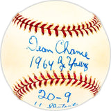 Dean Chance Autographed Official AL Baseball California Angels "1964 CY Young, 20-9, 11 Shutouts, 1.65 ERA, 5 1-0 Wins" Beckett BAS QR #BM25633