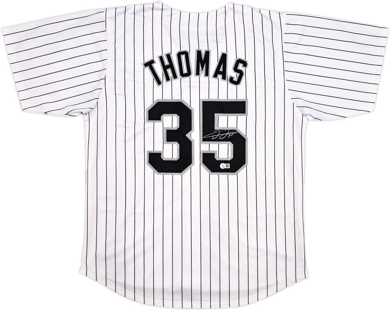 Chicago White Sox Frank Thomas Autographed White Pinstripe Jersey Beckett BAS Witness Stock #239749